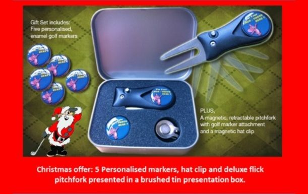 Great Xmas Gift Set with Five Personalised Markers, Retractable Pitchfork and a Hat Clip all in a Personalised Presentation Tin